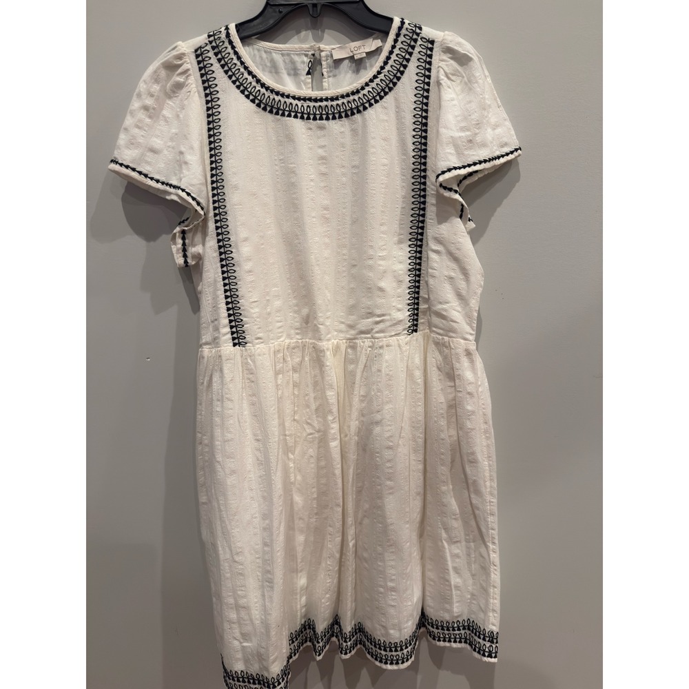 LOFT Womens White Navy Embroidered Cotton Dobby Short Sleeve Mini Dress Size M
